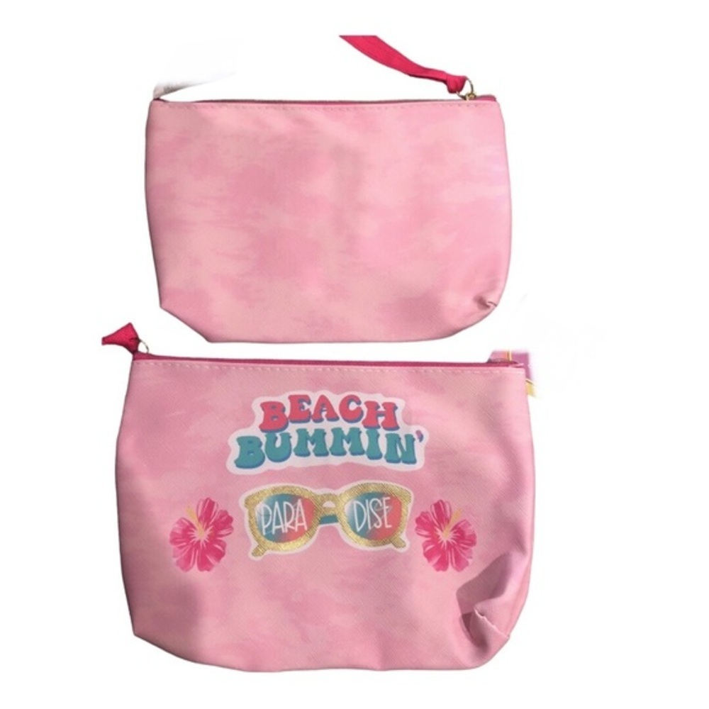 2pack pink “beach bummin’ paradise” make up cosmetics bag case purse clutch new - Picture 2 of 6